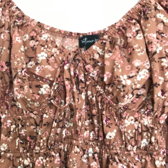 Streetwear Society Sweetheart Neckline Tie Floral Dress S Brown Pink Long Sleeve - Picture 4 of 15